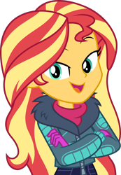Size: 2040x2950 | Tagged: safe, artist:mr-breadman, sunset shimmer, equestria girls, equestria girls specials, g4, my little pony equestria girls: better together, my little pony equestria girls: holidays unwrapped, clothes, crossed arms, cute, female, high res, reaction image, shimmerbetes, show accurate, simple background, smiling, smiling at you, solo, transparent background, vector, winter outfit