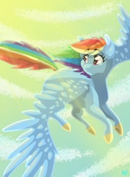 Size: 1024x1390 | Tagged: safe, artist:warriorbreeze, rainbow dash, pegasus, pony, g4, female, flying, looking back, smiling, solo