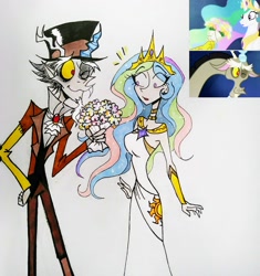 Size: 2648x2820 | Tagged: safe, artist:citi, screencap, discord, princess celestia, human, g4, twilight's kingdom, high res, humanized, scene interpretation, screencap reference, traditional art