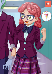 Size: 707x1000 | Tagged: safe, artist:uotapo, alizarin bubblegum, celery stalk, equestria girls, g4, alizary, clothes, crystal prep academy, crystal prep academy uniform, cute, female, female focus, glasses, linked arms, lockers, male, offscreen character, open mouth, plaid skirt, pleated skirt, school uniform, shipping, skirt, solo focus, straight