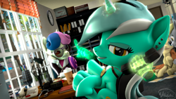 Size: 3840x2160 | Tagged: safe, artist:whiteskyline, bon bon, derpy hooves, lyra heartstrings, sweetie drops, oc, oc:cream heart, pegasus, pony, unicorn, g4, 3d, city, clock, coffee, ferrari 458 italia, glasses, high res, office, phone, shelby gt500 mustang, source filmmaker