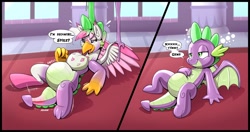 Size: 2048x1084 | Tagged: safe, artist:redflare500, spike, oc, oc:foxxy hooves, dragon, hippogriff, g4, belly, belly expansion, character to character, female to male, growth, hippogriff oc, hippogriff to dragon, mental shift, rubber, rule 63, transformation, transgender transformation, winged spike, wings