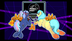 Size: 3013x1729 | Tagged: safe, artist:stormblaze-pegasus, oc, oc only, oc:bit rate, oc:neural net, earth pony, pony, female, lying down, mare, ponyfest online, prone, underhoof