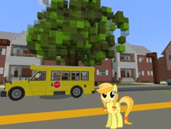 Size: 2048x1536 | Tagged: safe, artist:daringdashie, artist:topsangtheman, jonagold, marmalade jalapeno popette, earth pony, pony, g4, apple family member, house, looking at you, minecraft, school bus, solo