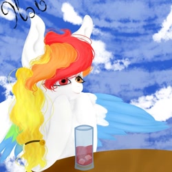 Size: 1080x1080 | Tagged: safe, artist:nel_liddell, oc, oc only, pegasus, pony, cloud, cup, drink, multicolored hair, outdoors, pegasus oc, rainbow hair, signature, solo, table, two toned wings, wings