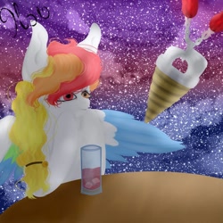 Size: 1080x1080 | Tagged: safe, alternate version, artist:nel_liddell, oc, oc only, pegasus, pony, cup, drink, food, ice cream, ice cream cone, multicolored hair, night, outdoors, pegasus oc, rainbow hair, signature, solo, space, stars, table, two toned wings, wings