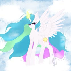 Size: 911x911 | Tagged: safe, artist:nel_liddell, princess celestia, alicorn, pony, g4, cloud, female, glowing horn, horn, mare, missing accessory, on a cloud, signature, solo