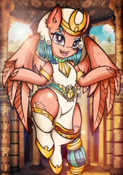 Size: 1448x2048 | Tagged: safe, artist:canvymamamoo, somnambula, pegasus, pony, g4, clothes, ear fluff, egyptian, eyeshadow, female, looking at you, makeup, mare, open mouth, smiling, socks, solo, sun, sunshine, thighs, thunder thighs, underhoof
