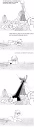 Size: 1106x4082 | Tagged: safe, artist:dsb71013, oc, oc only, oc:night cap, earth pony, pony, bag, butt, comic, dialogue, duo, energy blast, energy weapon, grayscale, laser, lying down, male, monochrome, monster, on side, plot, saddle bag, stallion, tentacles, vine, weapon