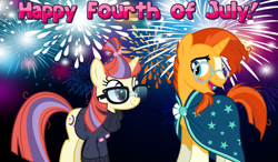 Size: 2064x1204 | Tagged: safe, moondancer, sunburst, pony, unicorn, g4, 4th of july, american independence day, blushing, bonding, bookworm, cape, clothes, egghead, female, fireworks, friendship, glasses, holiday, looking at each other, male, night, shipping, smiling, straight, sundancer, sweater