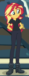 Size: 176x456 | Tagged: safe, screencap, sunset shimmer, all the world's off stage, equestria girls, equestria girls series, g4, all the world's off stage: micro chips, arm behind back, black pants, black shirt, boots, clothes, cropped, director shimmer, earpiece, female, raised eyebrow, shoes, solo