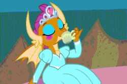 Size: 720x480 | Tagged: safe, screencap, smolder, dragon, g4, uprooted, animated, clothes, cup, dress, dress above head, female, gif, implied princess, looking at someone, makeup, princess smolder, puffy sleeves, shocked, solo, tea party, teacup, throwing, undressing, we don't normally wear clothes