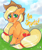 Size: 3945x4648 | Tagged: safe, artist:cozygh0st, artist:mariielle, applejack, earth pony, pony, g4, absurd resolution, blushing, colored hooves, colored pupils, cowboy hat, cute, dialogue, ear piercing, female, floppy ears, freckles, hat, jackabetes, looking at you, mare, open mouth, piercing, raised leg, sitting, smiling, solo, weapons-grade cute