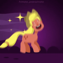 Size: 640x640 | Tagged: safe, alternate version, artist:animator_prokrastinator, applejack, earth pony, pony, g4, :d, abomination, animated, cursed image, female, hat, human face, human head, mare, nightmare fuel, not salmon, open mouth, running, smiling, solo, sound, wat, webm