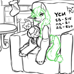 Size: 505x508 | Tagged: safe, artist:dark_nidus, oc, oc:teddy, pony, armchair, chair, clothes, commission, fireplace, socks, table, teddy bear, toy, your character here