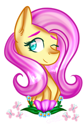 Size: 1024x1536 | Tagged: safe, artist:la-tia-fasti, fluttershy, pegasus, pony, g4, bust, cute, cutie mark, female, flower, folded wings, looking at you, mare, one eye closed, portrait, shyabetes, sidemouth, simple background, smiling, solo, three quarter view, transparent background, wings, wink, winking at you