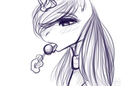 Size: 1080x761 | Tagged: safe, artist:chrystal_company, oc, oc only, oc:nightmare chrystal, pony, unicorn, bust, candy, choker, eating, food, glowing horn, horn, licking, lineart, lollipop, magic, monochrome, open mouth, simple background, solo, telekinesis, tongue out, unicorn oc, white background
