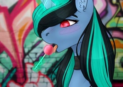 Size: 1080x761 | Tagged: safe, alternate version, artist:chrystal_company, oc, oc only, oc:nightmare chrystal, pony, unicorn, bust, candy, choker, drool, ear fluff, eating, food, glowing horn, graffiti, horn, licking, lollipop, magic, open mouth, solo, telekinesis, tongue out, unicorn oc
