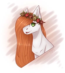 Size: 1080x1224 | Tagged: safe, artist:chrystal_company, oc, oc only, pony, abstract background, bust, floral head wreath, flower, hair over one eye, open mouth, smiling, solo