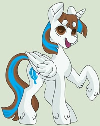Size: 685x857 | Tagged: safe, artist:c_owokie, oc, oc only, alicorn, pony, alicorn oc, horn, open mouth, raised hoof, simple background, smiling, solo, unshorn fetlocks, wings