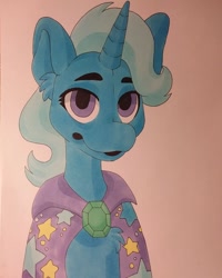 Size: 800x1000 | Tagged: safe, artist:c_owokie, trixie, pony, unicorn, g4, cape, clothes, ear fluff, female, mare, solo, traditional art