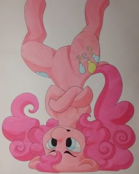 Size: 1080x1350 | Tagged: safe, artist:c_owokie, pinkie pie, earth pony, pony, g4, balancing, both cutie marks, crossed arms, female, mare, solo, traditional art, upside down
