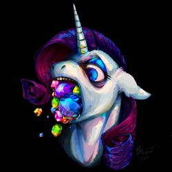 Size: 2000x2000 | Tagged: safe, artist:baccizoof, rarity, pony, unicorn, g4, bags under eyes, black background, bust, eating, female, gem, gentlecolts, gentlemen, high res, mare, nightmare fuel, simple background, solo
