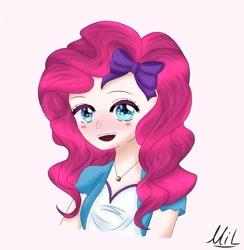 Size: 677x694 | Tagged: safe, artist:11.lesya, pinkie pie, equestria girls, g4, :d, bow, bust, clothes, female, hair bow, jewelry, necklace, signature, smiling, solo