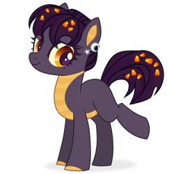 Size: 1198x1200 | Tagged: safe, alternate version, artist:esgest, oc, oc only, oc:tricky treat, dracony, dragon, hybrid, pony, blank flank, candy, candy corn, ear piercing, earring, female, food, jewelry, mare, piercing, raised leg, simple background, solo, transparent background