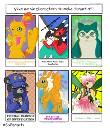 Size: 1686x1968 | Tagged: safe, artist:indominus_art, hawlucha, pegasus, pegasusmon, pikachu, pony, snorlax, anthro, anthro with ponies, bearmon, blushing, bracelet, chest fluff, claws, clothes, cloud, crossover, digimon, fbi, female, flying, hoof shoes, jewelry, lillymon, lipstick, mask, one eye closed, pokémon, ponified, six fanarts, smiling, wide eyes, wink