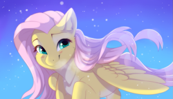 Size: 995x572 | Tagged: safe, artist:kidaoriginal, fluttershy, pegasus, pony, g4, blue background, blushing, breath, cheek fluff, cute, ear fluff, female, gradient background, looking at you, mare, pale belly, shyabetes, smiling, snow, snowfall, solo, spread wings, three quarter view, windswept mane, wings, winter