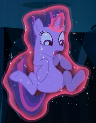 Size: 409x525 | Tagged: safe, edit, edited screencap, screencap, twilight sparkle, pony, unicorn, g4, the crystal empire, belly, cropped, female, glowing horn, horn, levitation, magic, magic aura, open mouth, rotated, self-levitation, solo, telekinesis, unicorn twilight