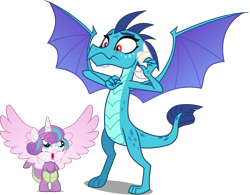 Size: 4501x3511 | Tagged: safe, artist:cyanlightning, artist:frownfactory, artist:kimberlythehedgie, edit, editor:slayerbvc, vector edit, princess ember, princess flurry heart, alicorn, dragon, pony, g4, triple threat, .svg available, :s, animal costume, baby, baby pony, bipedal, clothes, colored wings, costume, dragon costume, duo, female, filly, footed sleeper, footie pajamas, happy, high res, kigurumi, looking up, multicolored wings, pajamas, red eyes, simple background, spread wings, transparent background, vector, wavy mouth, wings, zipper