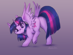 Size: 2457x1847 | Tagged: safe, artist:buttersprinkle, twilight sparkle, alicorn, pony, behaving like a cat, butt, cute, female, gradient background, looking at you, looking back, looking back at you, mare, plot, solo, spread wings, twiabetes, twibutt, twilight sparkle (alicorn), underhoof, wings