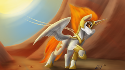 Size: 3840x2160 | Tagged: safe, artist:tenebrisnoctus, daybreaker, alicorn, pony, g4, armor, celestial mechanics, chains, female, gritted teeth, high res, horn guard (armor), mane of fire, mare, pulling, signature, solo, sun