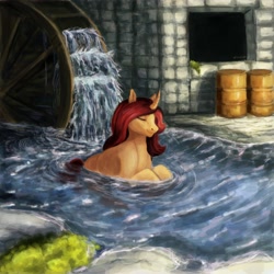 Size: 4000x4000 | Tagged: safe, artist:misstwipietwins, oc, oc only, oc:sile, pony, unicorn, barrels, commission, complex background, cozy, male, relaxing, river, solo, swimming, water wheel