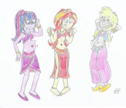 Size: 2252x1940 | Tagged: safe, artist:emperornortonii, derpy hooves, sci-twi, sunset shimmer, twilight sparkle, equestria girls, g4, armlet, armpits, barefoot, belly button, belly dance, belly dancer, belly dancer outfit, bracelet, confused, ear piercing, earring, feet, frustrated, glasses, harem outfit, hooped earrings, jewelry, loincloth, long hair, midriff, necklace, piercing, signature