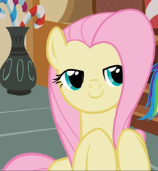 Size: 796x863 | Tagged: safe, screencap, fluttershy, pony, g4, the mysterious mare do well, cropped, female, lidded eyes, smiling, solo