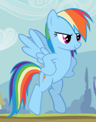 Size: 598x763 | Tagged: safe, screencap, rainbow dash, pony, the mysterious mare do well, confident, cropped, female, flying, hooves on hips, smiling, solo, spread wings, wings