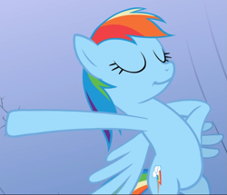 Size: 1031x888 | Tagged: safe, screencap, rainbow dash, pony, g4, the mysterious mare do well, cropped, eyes closed, faic, female, flying, hind legs, proud, smiling, smug, smugdash, solo, wings