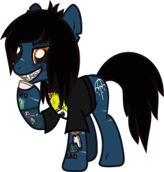 Size: 1097x1146 | Tagged: safe, artist:lightningbolt, derpibooru exclusive, earth pony, pony, undead, zombie, zombie pony, g4, .svg available, bloodshot eyes, bone, bring me the horizon, chipped tooth, clothes, colored pupils, colored sclera, creepy, creepy smile, drop dead clothing, fangs, glasgow smile, hair over one eye, looking at you, male, oliver sykes, ponified, raised hoof, scar, shirt, show accurate, simple background, skull, smiling, solo, stallion, stitches, svg, t-shirt, tattoo, torn ear, transparent background, vector