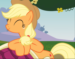 Size: 1188x939 | Tagged: safe, screencap, applejack, earth pony, pony, g4, too many pinkie pies, cropped, cute, eyes closed, female, jackabetes, smiling, solo