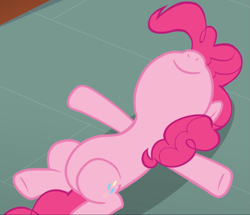 Size: 1083x931 | Tagged: safe, screencap, pinkie pie, earth pony, pony, g4, too many pinkie pies, belly, cropped, cute, diapinkes, female, lying on the ground, mare, smiling, solo