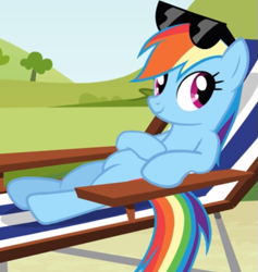 Size: 527x555 | Tagged: safe, screencap, rainbow dash, pony, g4, too many pinkie pies, beach chair, chair, cropped, cute, dashabetes, female, reclining, smiling, solo, sunbathing, sunglasses