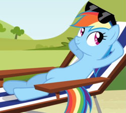 Size: 603x537 | Tagged: safe, screencap, rainbow dash, pony, g4, too many pinkie pies, beach chair, chair, cropped, cute, dashabetes, female, hooves behind head, reclining, solo, sunbathing, sunglasses
