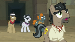 Size: 1920x1080 | Tagged: safe, screencap, biff, doctor caballeron, rogue (g4), withers, earth pony, pony, daring doubt, g4, ascot tie, clothes, fedora, hat, henchmen, male, necktie, shirt, stallion, sunglasses