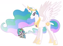 Size: 1920x1415 | Tagged: safe, artist:lextsy, artist:savannah-london, princess celestia, alicorn, pony, g4.5, my little pony: pony life, base used, celestia is not amused, concave belly, crown, deviantart watermark, duo, female, flying, frown, giant alicorn, giant pony, giantlestia, happy, hoof shoes, jewelry, looking down, macro, mare, necklace, obtrusive watermark, regalia, self paradox, self ponidox, simple background, size difference, slender, spread wings, thin, unamused, watermark, white background, wings
