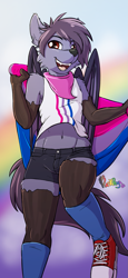 Size: 739x1600 | Tagged: safe, artist:punk-pegasus, oc, oc only, oc:nyn indigo, bat pony, original species, timber pony, timber wolf, anthro, bandana, bat wings, belly button, bisexual pride flag, clothes, converse, femboy, male, midriff, pride, pride flag, rainbow, shoes, shorts, smiling, socks, solo, species swap, tank top, wings