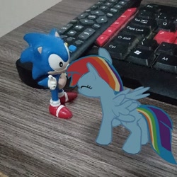 Size: 720x720 | Tagged: safe, gameloft, rainbow dash, pegasus, pony, g4, augmented reality, female, irl, keyboard, male, photo, remote control, sonic the hedgehog, sonic the hedgehog (series), toy