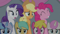 Size: 600x338 | Tagged: safe, editor:thor-disciple, screencap, applejack, cherry berry, minuette, pinkie pie, rarity, sunshower raindrops, twinkleshine, earth pony, pony, unicorn, equestria games (episode), g4, season 4, animated, confused, cringing, cute, diapinkes, disgusting, female, frown, gif, one of these things is not like the others, pinkie being pinkie, shocked, side to side, varying degrees of want